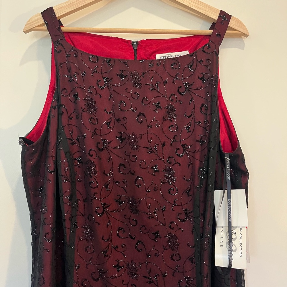 NWT Betsy & Adam Y2K sheer velvet burnout floral burgundy glittery formal dress - Picture 2 of 13